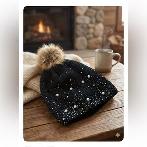 INC International Concepts Black Beanie Hat Faux Fur Pom Pearl&Stud Embellished